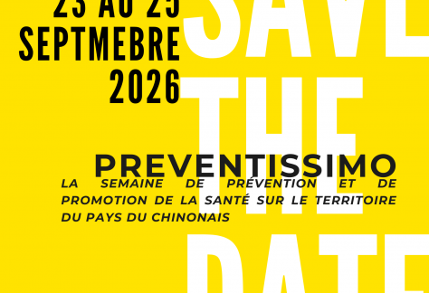 Visuel jaune avec texte en blanc et noir annonçant l’événement Préventissimo. Le texte indique « Save the Date », « 23 au 25 septembre 2026 » et « Préventissimo, la semaine de prévention et de promotion de la santé sur le territoire du Pays du Chinonais »